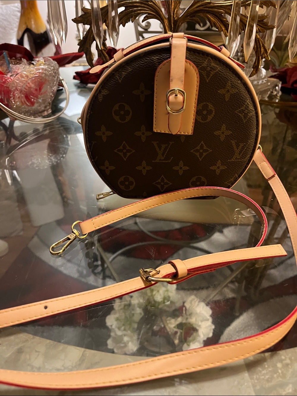 😎😎 Brown Monogram Round Crossbody with Natural & Red-Trim Strap😎🍋 NEW! - Picture 4 of 8